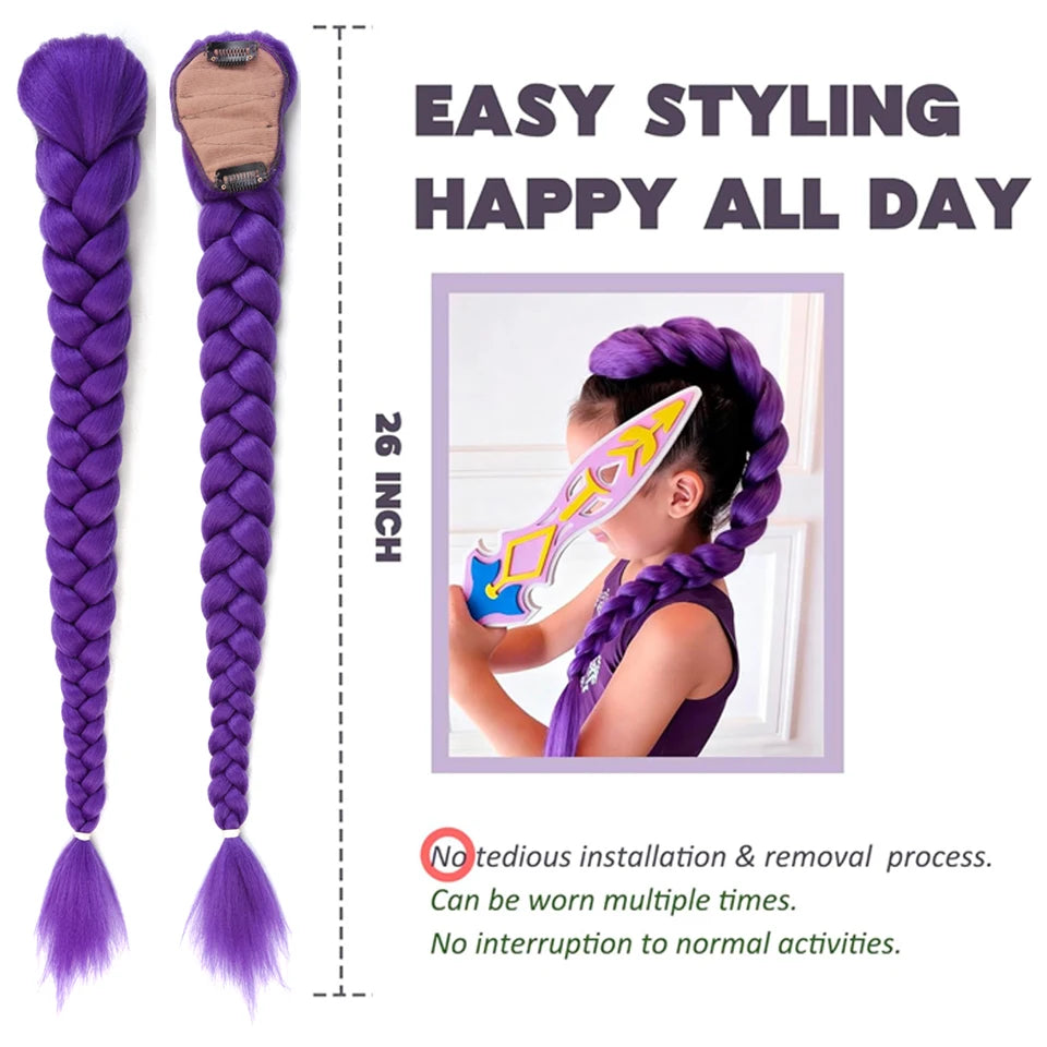 Synthetic Purple Braided Hair Ponytail Rumi Costume Hairstyle Long Ponytail with Rubber band and Clips for Kids Girls Christmas