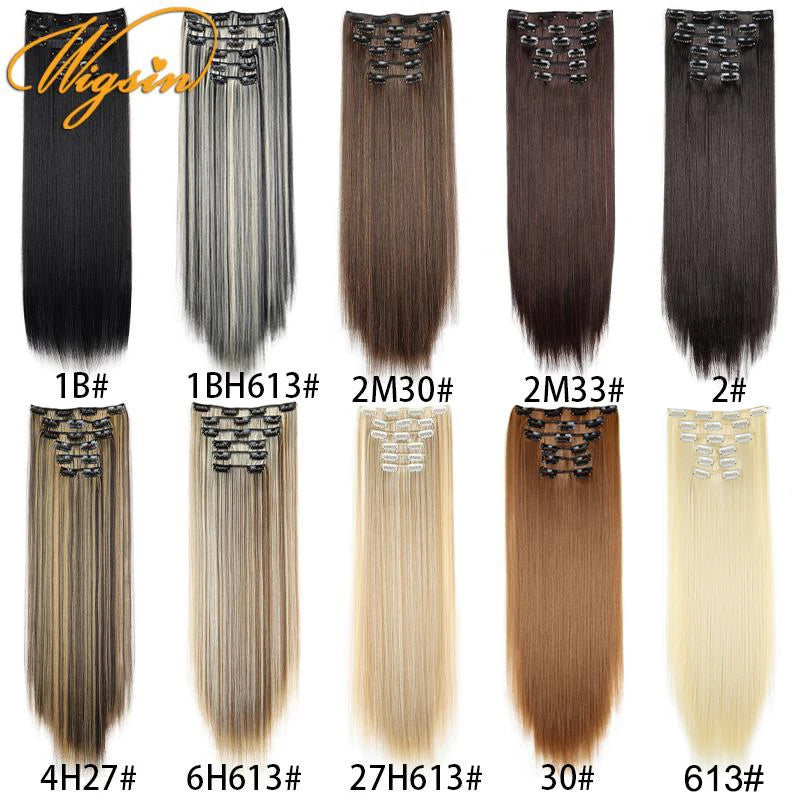 WIGSIN Synthetic 6pcs/set 24Inch Long Straight Hair Extensions Clip-in Heat Resistant Black Blonde Hairpiece for Women