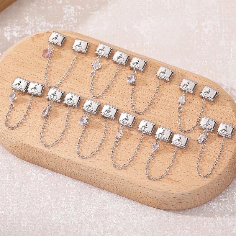 Star Butterfly Heart Zircon Round Pearls Tassel Chain Italian Charm Links Fit 9mm Bracelet Stainless Steel Women DIY Making Gift