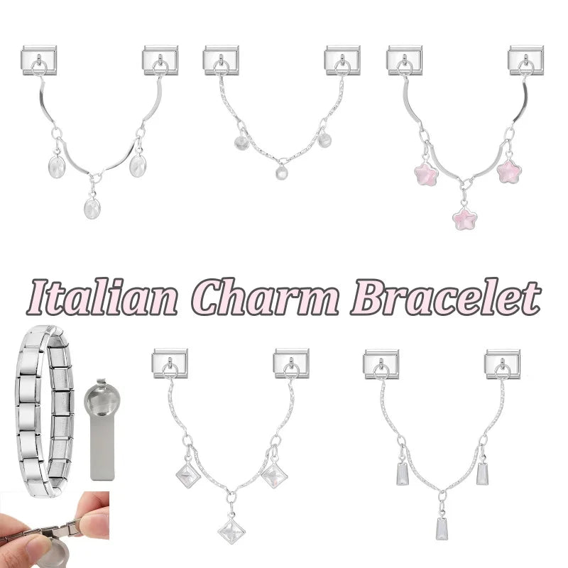 Star Butterfly Heart Zircon Round Pearls Tassel Chain Italian Charm Links Fit 9mm Bracelet Stainless Steel Women DIY Making Gift