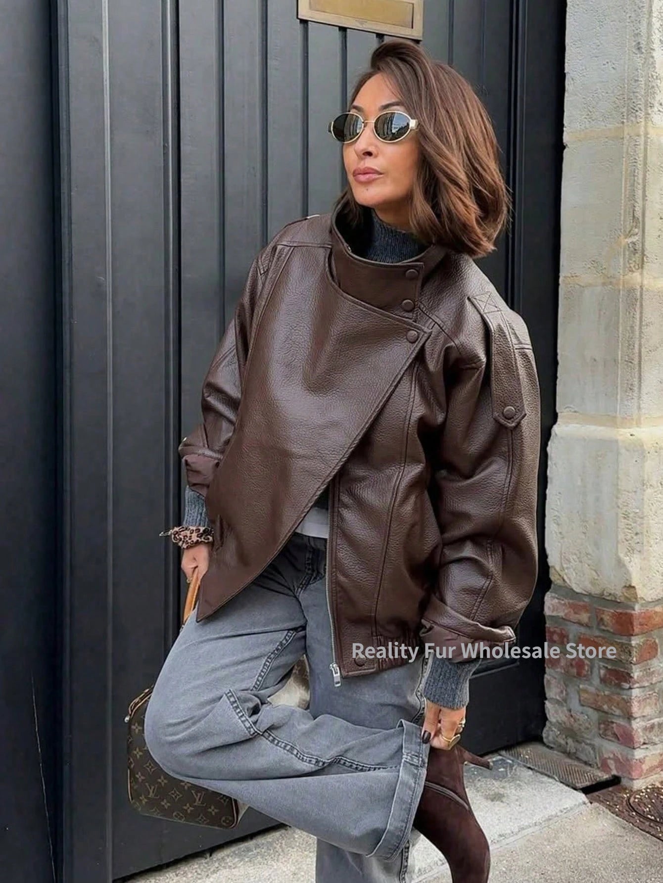Fake leather Coat Women Y2k Faux Leather Jacket New Casual PU Jacket Motorcycle Style Leather Jacket Pebble Fall Personality