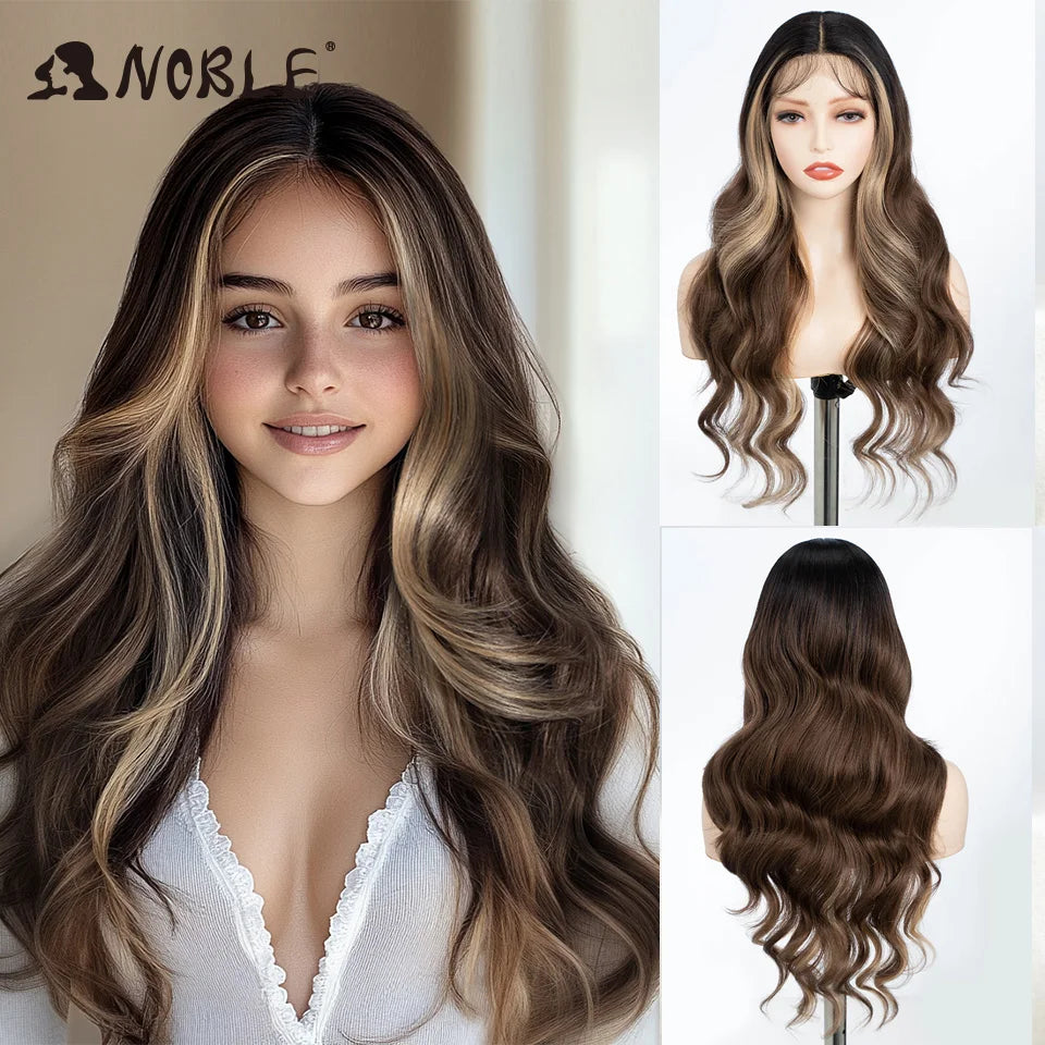 Noble Synthetic Lace Front Wig  28 Inch Highlight Honey Brown Body Wave Wig Cosplay Wigs For Women Lace Wig Lace Wig Synthetic