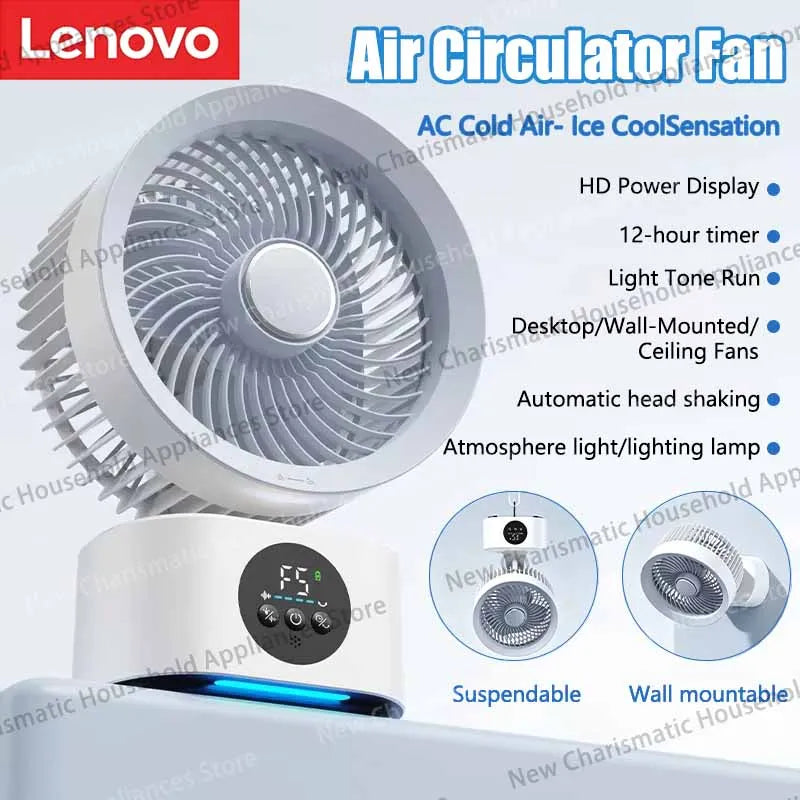 Lenovo Portable Rechargeable USB Wall Hanging Air Fan Remote Control Folding Shake Head Fan with Nightlight Air Cooler Household