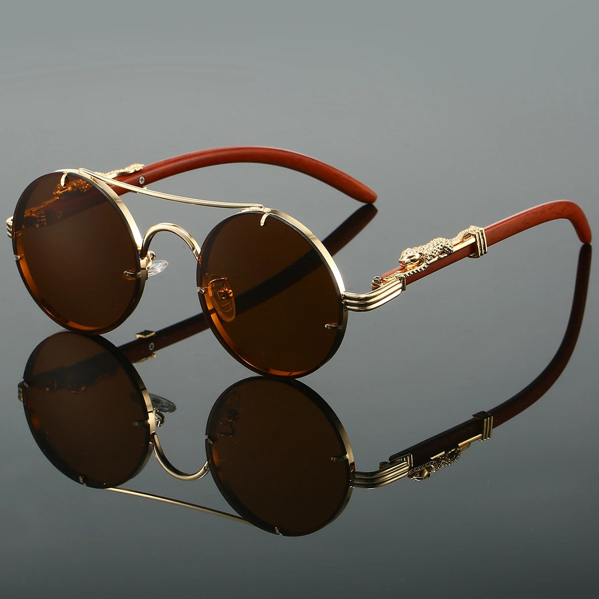 Classic Retro Double Beam Leopard Head Decorative Men's Driving Metal Round Frame