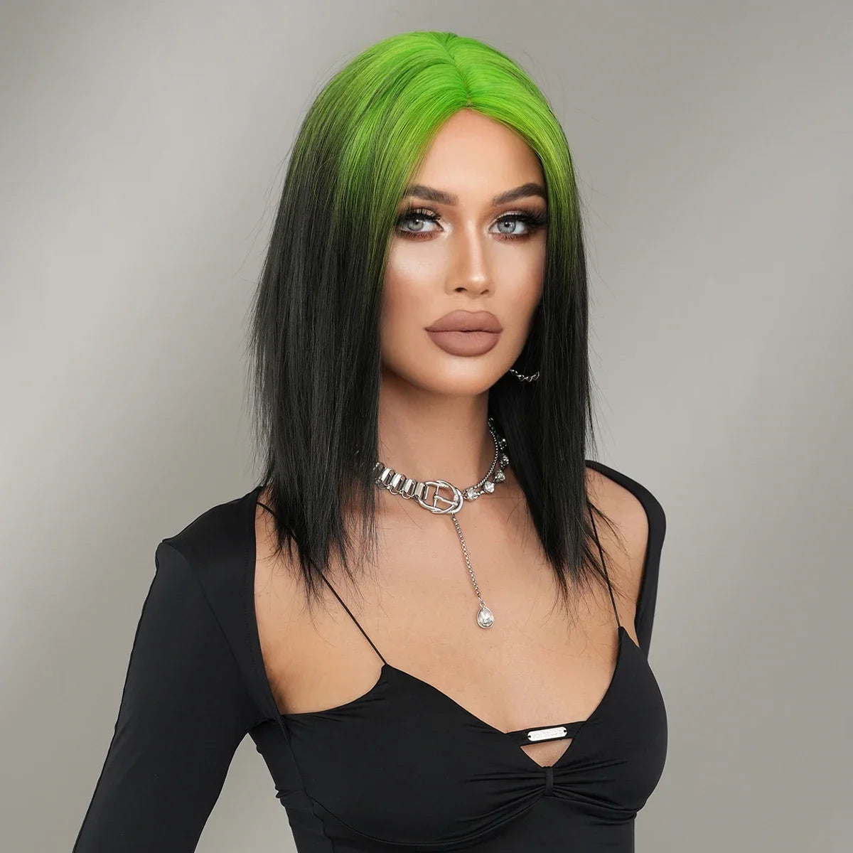 NAMM Synthetic Shoulder Length Middle Part Green Ombre Black Wigs Wigs for Women Daily Party High Density Green Root Wigs