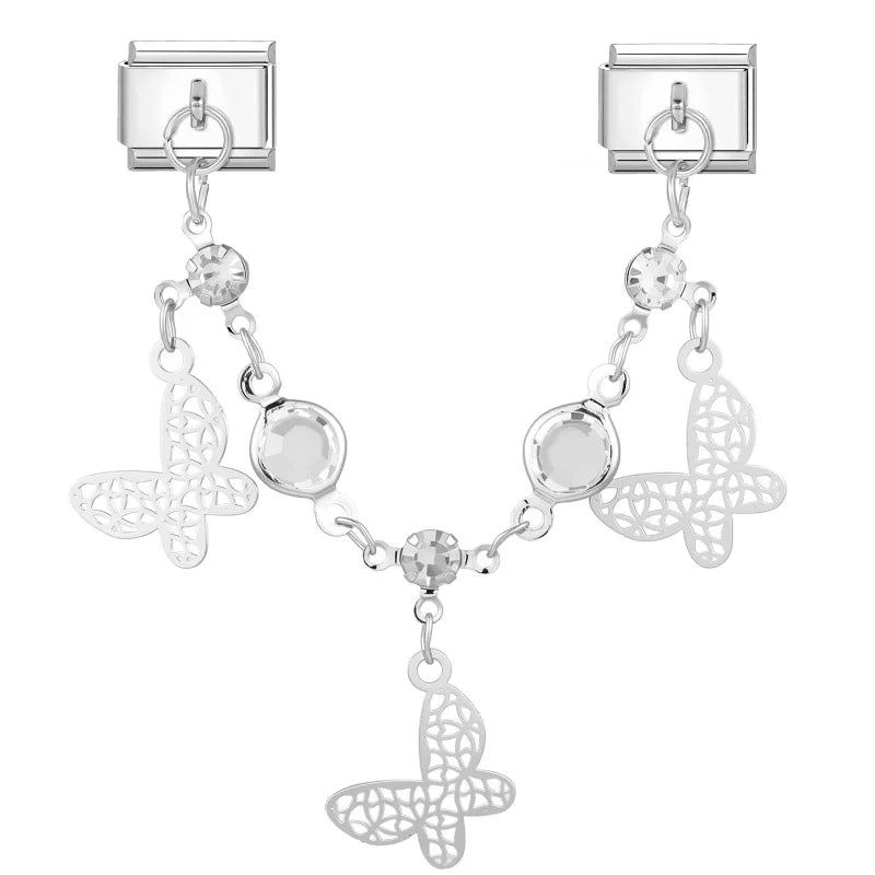 Star Butterfly Heart Zircon Round Pearls Tassel Chain Italian Charm Links Fit 9mm Bracelet Stainless Steel Women DIY Making Gift