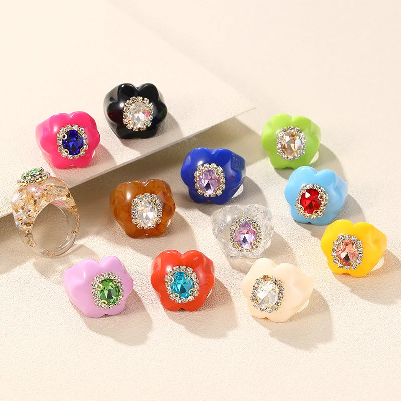 New Trendy Colorful Acrylic Rhinestone Rings Sets for Women Flower Large Finger Rings for Girls Korean Party Jewelry INS Gifts
