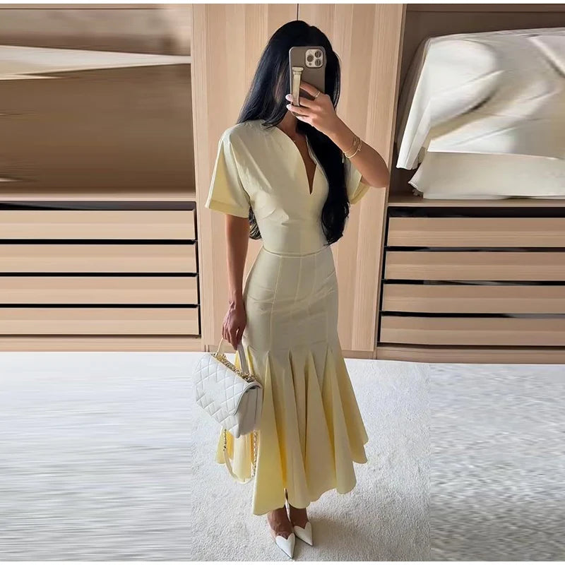 Women Fashion Solid Dress V-neck Ruffles Hem Short Sleeves Waist-cinching Draped Empire Dresses Summer Chic Elegant Summer Gown