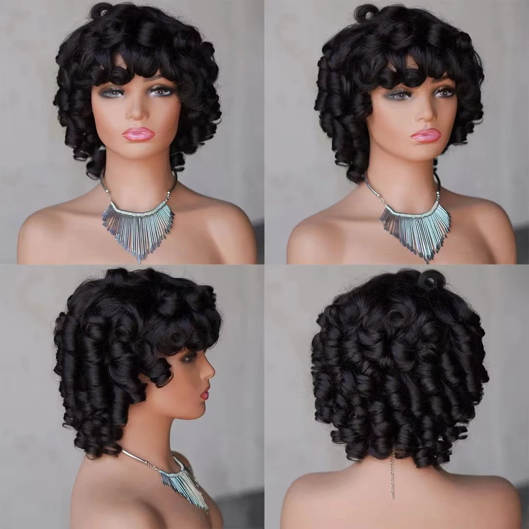 Fumi Curly Human Hair Wigs Fringe Wig Pixie Cut Rose Curly Cheap Full Machine Made Wigs Egg Curl Short Bob Wig With Bangs