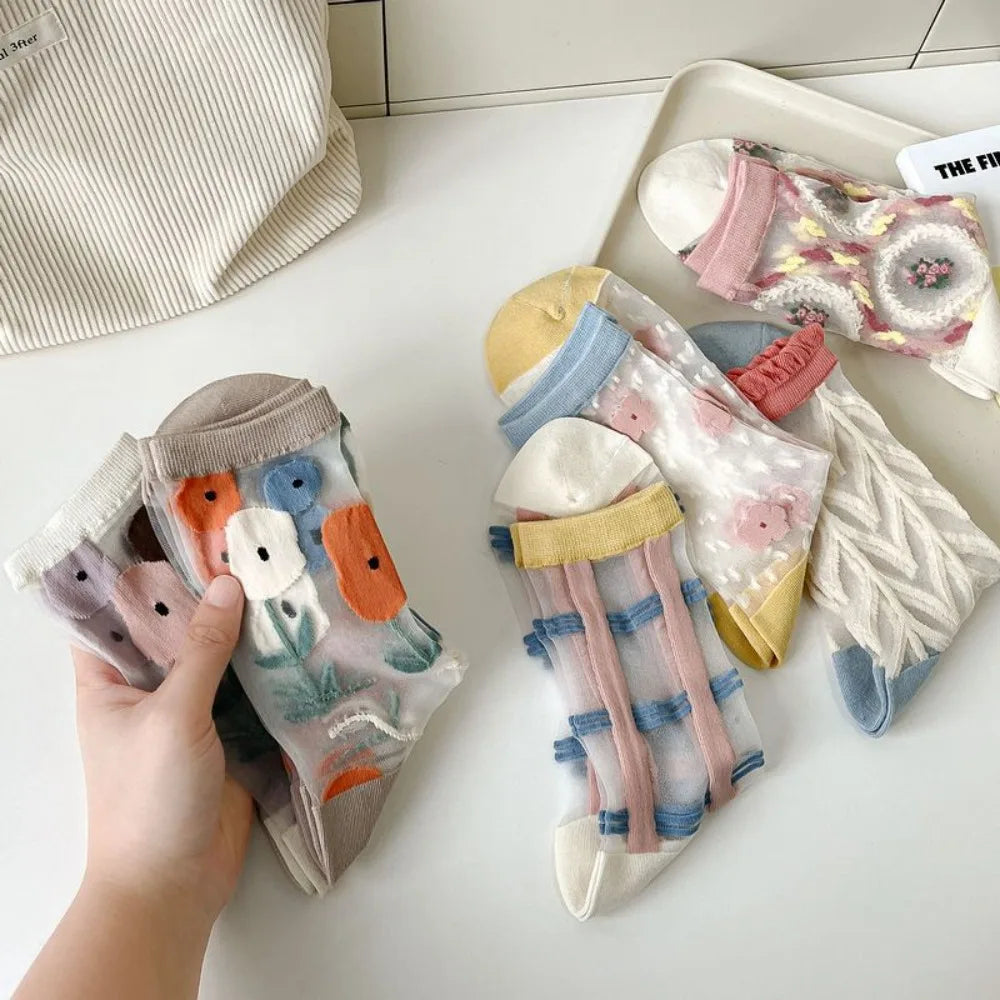 Fashion Socks For Women Summer Breathable Trendy Casual Socks Cute Fashion Korean Style Transparent Lace Sweet Socks