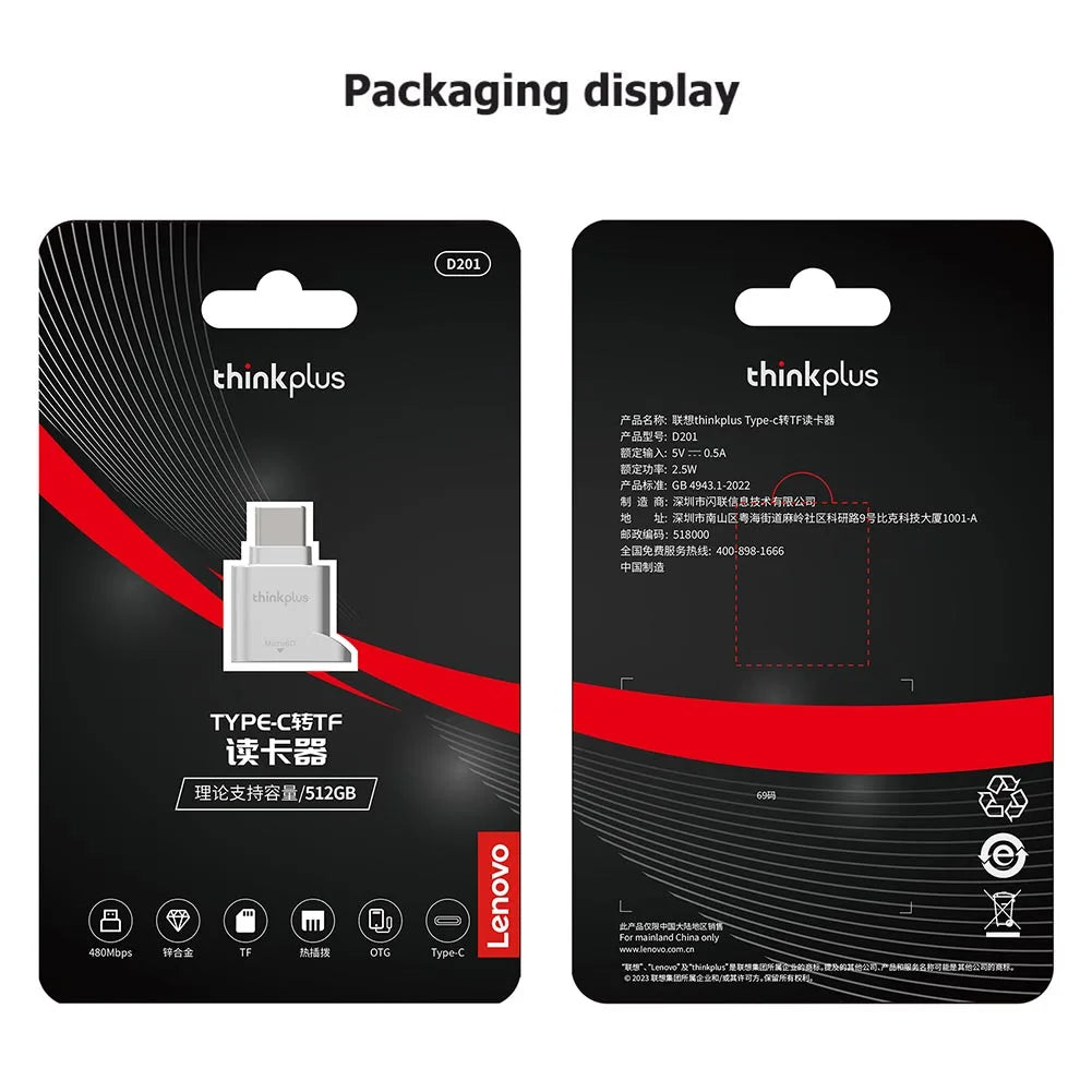 Lenovo Thinkplus USB C Type-C Micro SD Card Reader Memory Card Mini Metal TranFlash Adapter TF Card Reader For Type C Phone