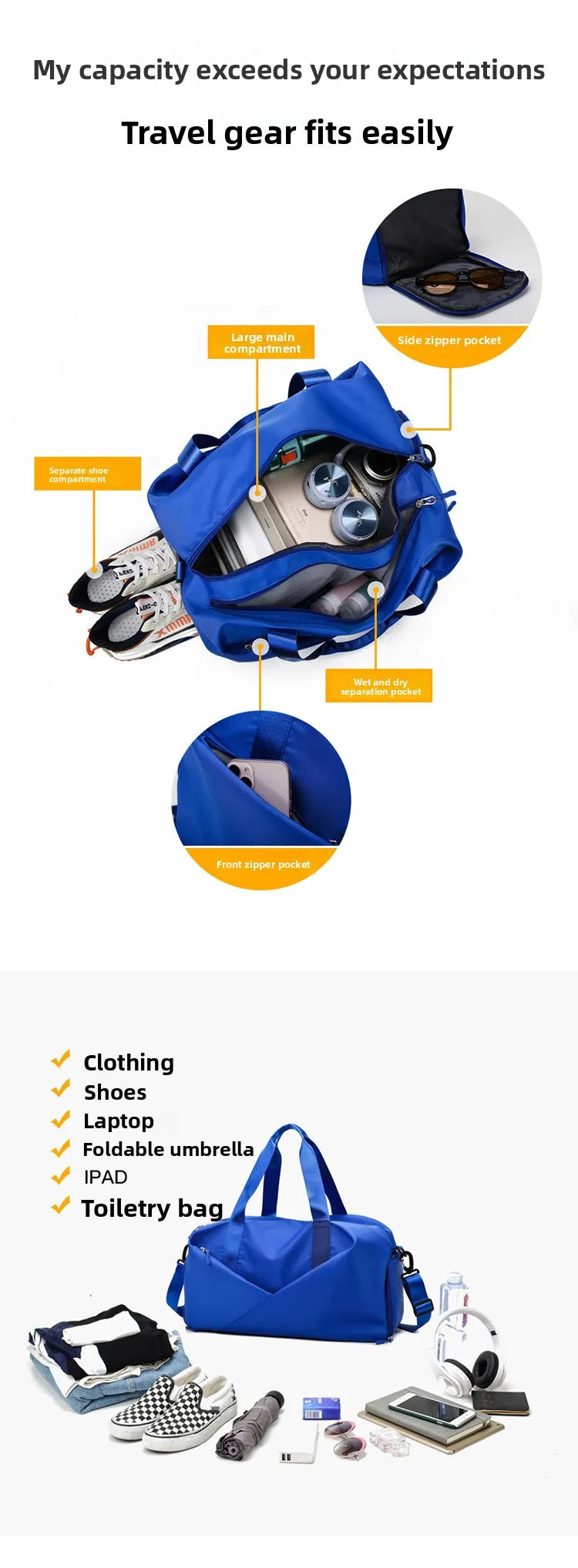 Large Capacity Fitness Bag Women's Handheld Oxford Cloth Yoga Sports Bag Fashionable Luggage Bag Wet And Dry Separation Can P...