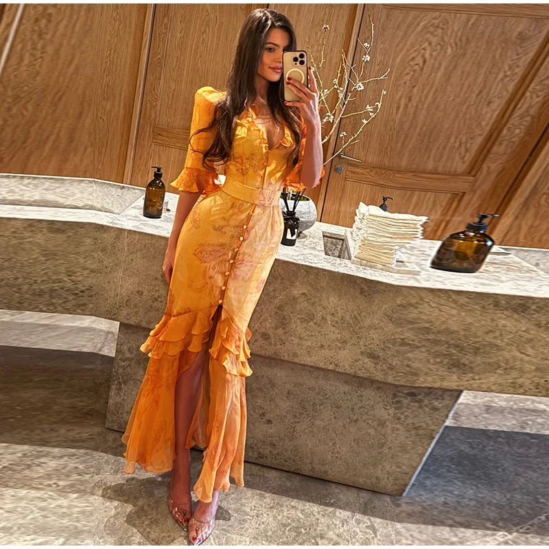 V Neck High Split Half Sleeve Slim Long Dress Print Waist Cinching Ruffle Hem Maxi Robes 2026 Women Party Vacation Vestidos