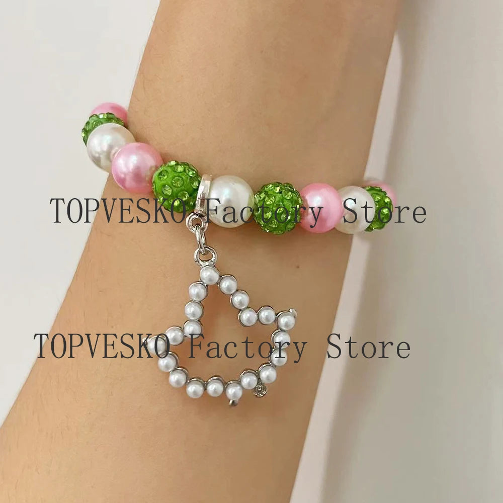 Alpha Pink Green Beads Inlaid Pearl Ivy Pendant Bracelet