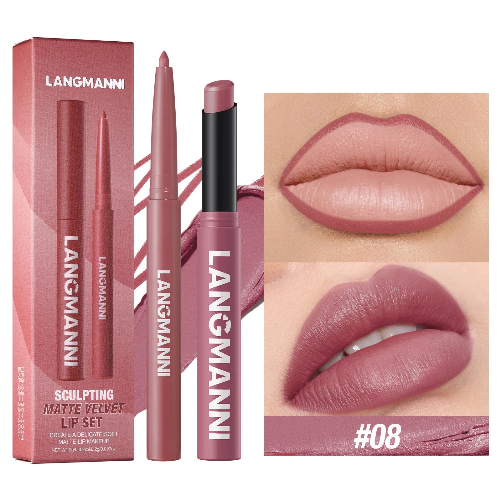 2Pcs/set Matte Soft Mist Slanted Mouth Lipstick + Lip Liner Set Combo Light Matte and Non-Drying Waterproof Non-Stick Lip Set