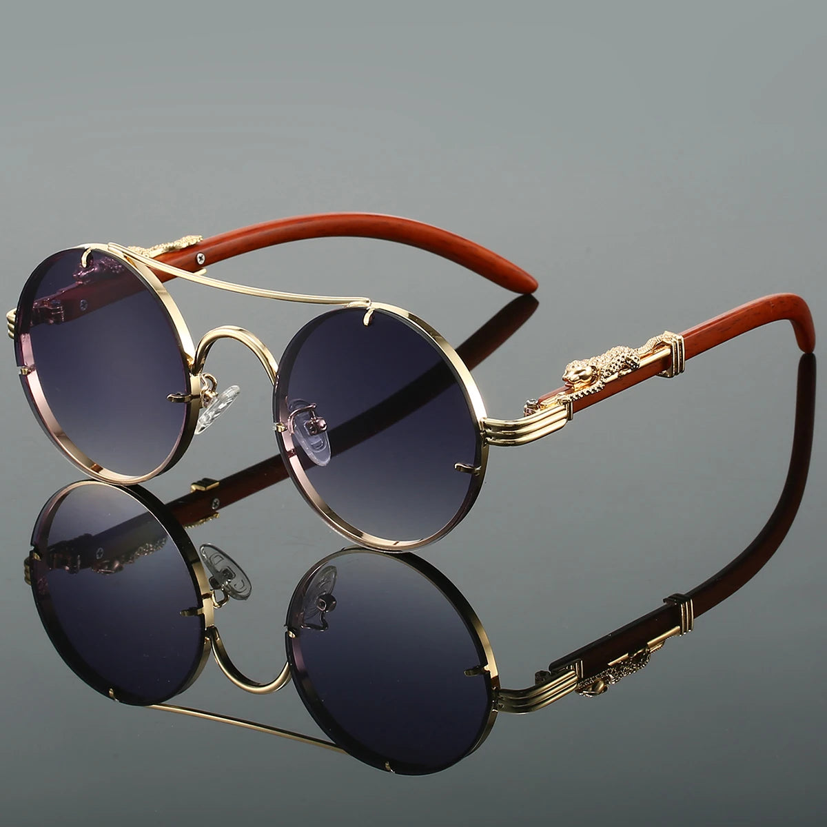 Classic Retro Double Beam Leopard Head Decorative Men's Driving Metal Round Frame