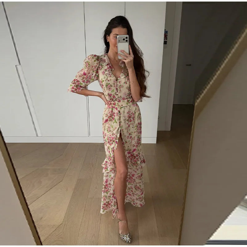 Print Chiffon Long Dress Women V Neck Half Sleeves High Waist Ruffles Belts Split Robe Female 2026 Summer Chic Vacation Dresses