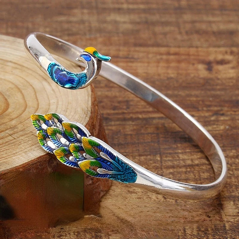 Ethnic Bohemian Open Bracelet Elegant Temperament Ethnic Style Colorful Peacock Dripping Oil Ladies Bracelet Casual Party