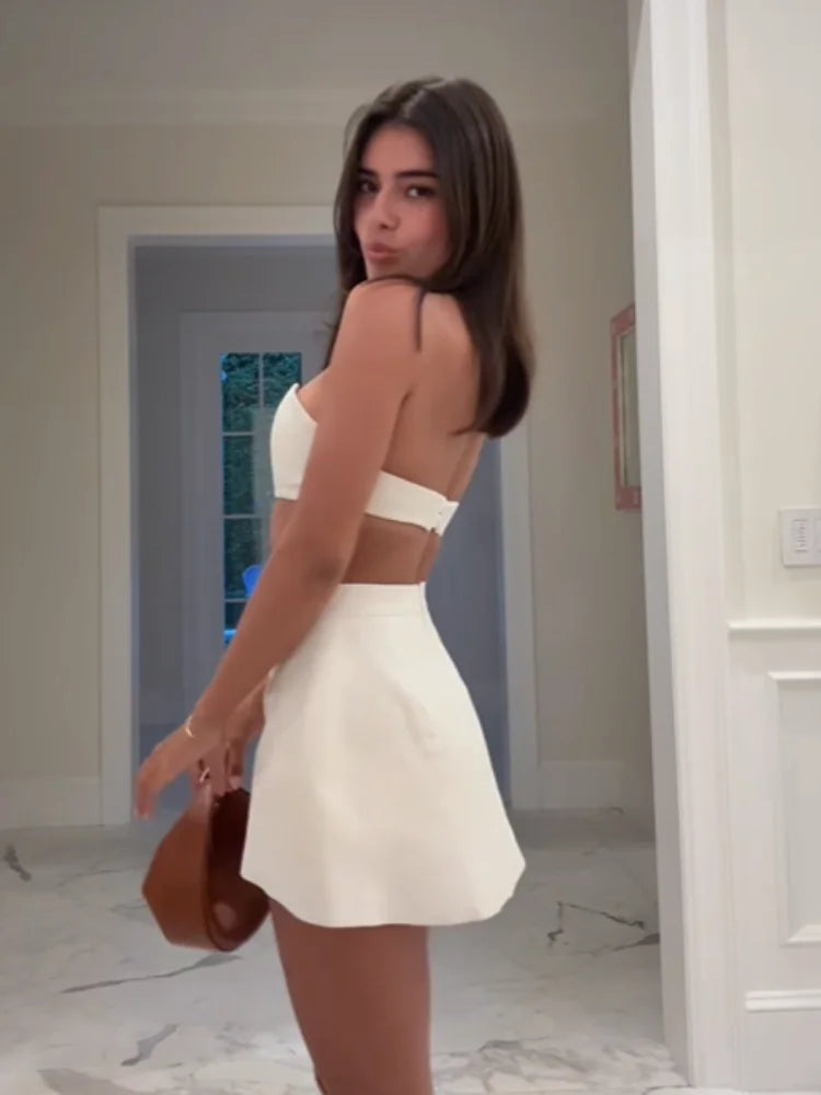 Minimalist White Design Mini Skirt Set Lady Sexy Strapless Backless Off Shoulder Slim Fit Vest Suit Summer Date Beach Party Wear