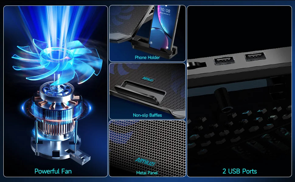 COOLCOLD Laptop Cooling pad for 12-17 Inch Laptop Cooler Stand, 5 quiet fans, 5 Angle Adjustable with phone holder