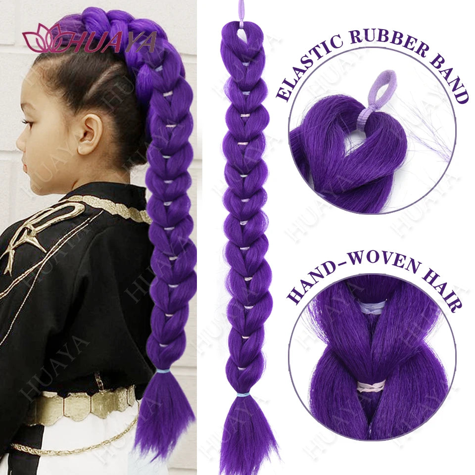 Synthetic Purple Braided Hair Ponytail Rumi Costume Hairstyle Long Ponytail with Rubber band and Clips for Kids Girls Christmas