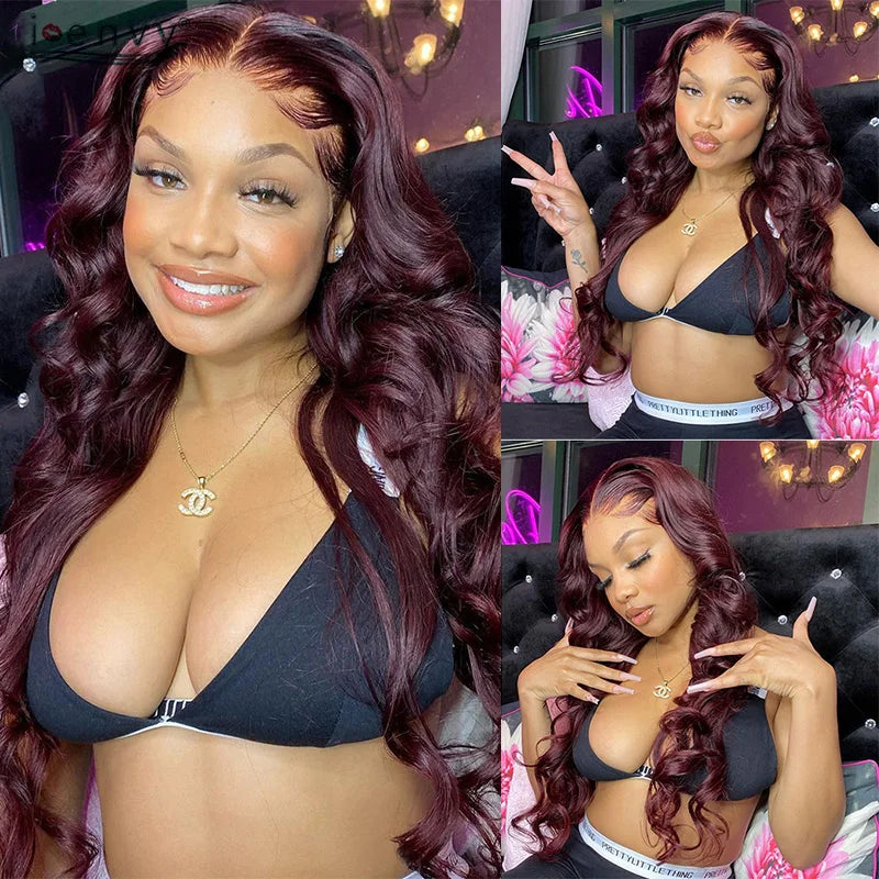 Cherry Red Burgundy 13X6 Lace Front Human Hair Wigs Body Wave 13X4 30 34 Inch 99J Colored Lace Frontal Wig Pre Plucked For Women