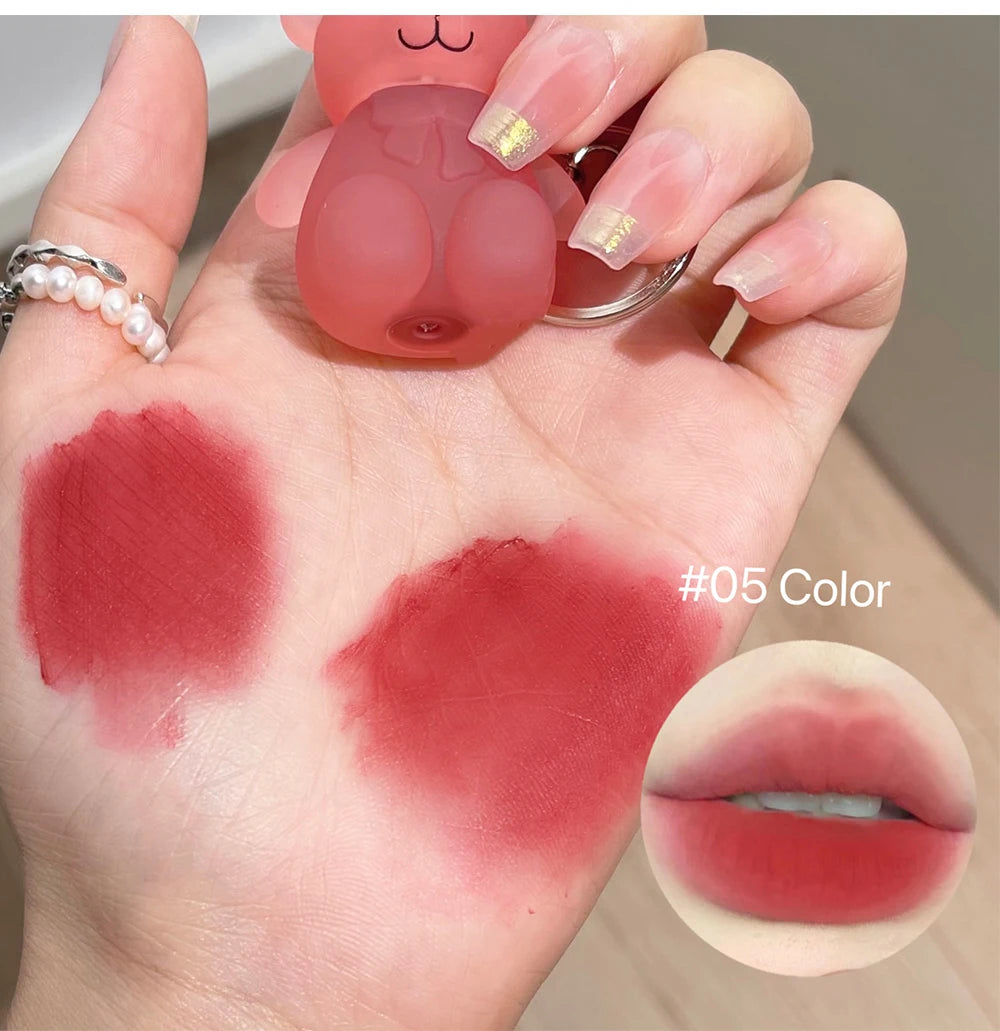 Cute Bear Velvet Lip Mud Keychain Matte Nude Red Lip Gloss Autumn Winter Non-stick Cup Lipstick Waterproof Lasting Lips Makeup