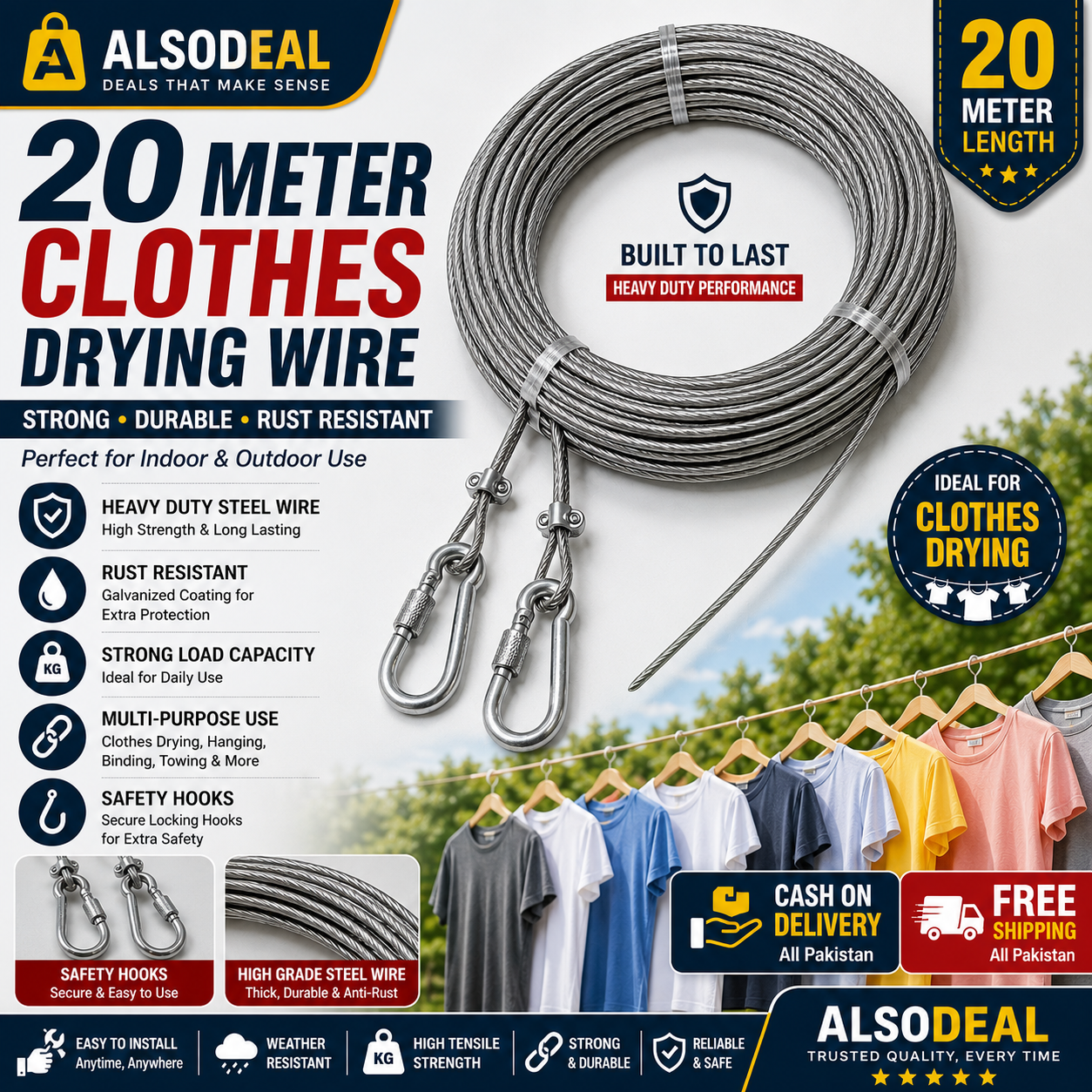 Heavy Duty Steel Wire Clothes Hanging Rope – Anti-Rust PVC Coated Cable with Hooks