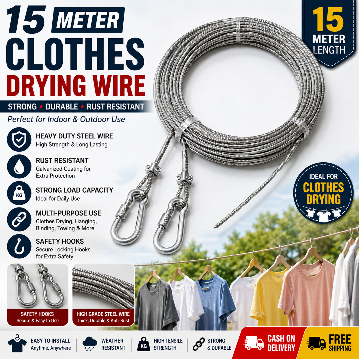 Heavy Duty Steel Wire Clothes Hanging Rope – Anti-Rust PVC Coated Cable with Hooks