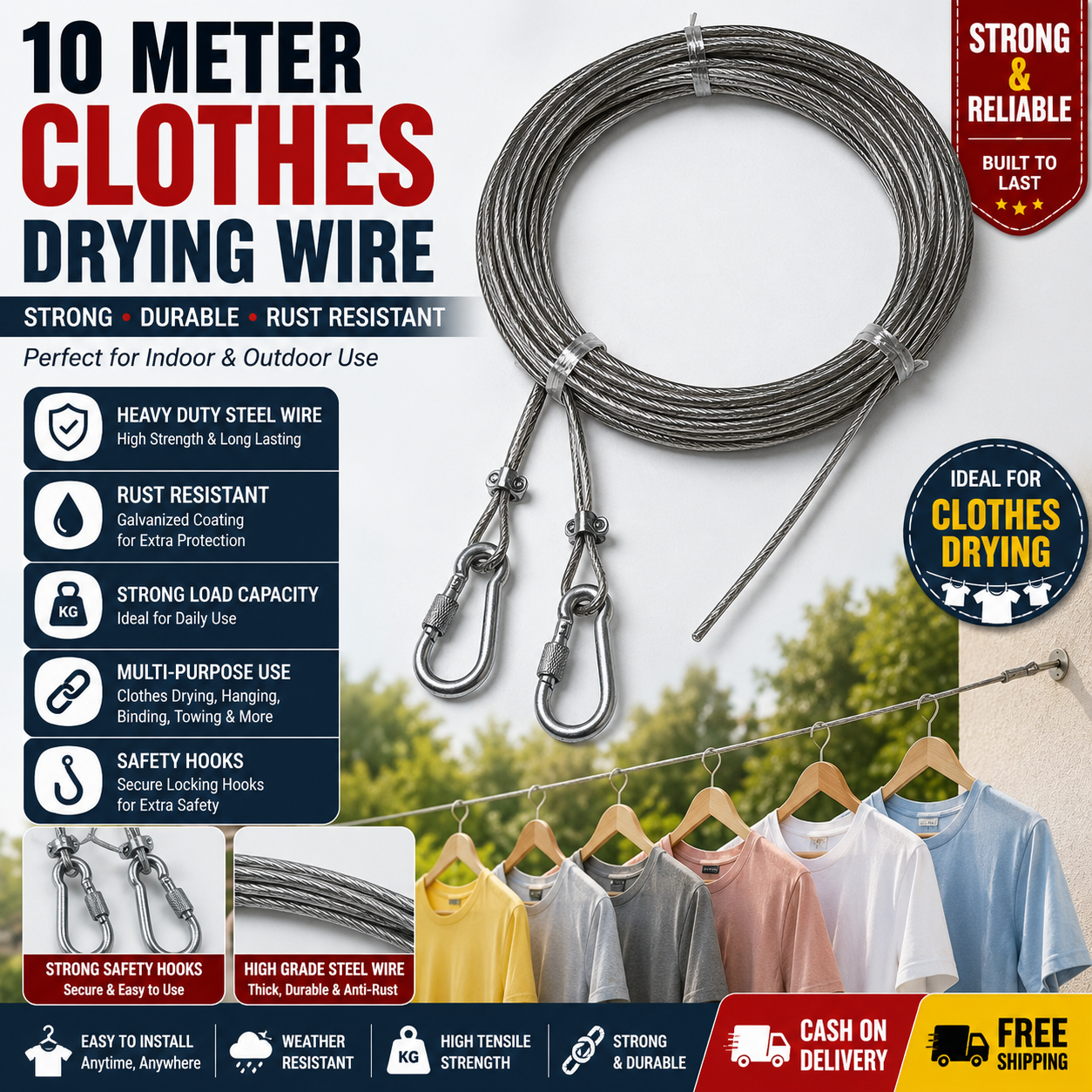 Heavy Duty Steel Wire Clothes Hanging Rope – Anti-Rust PVC Coated Cable with Hooks